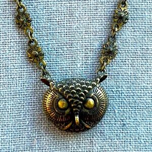 Artisan Owl & Flowers Necklace Antique Gold Tone Metal